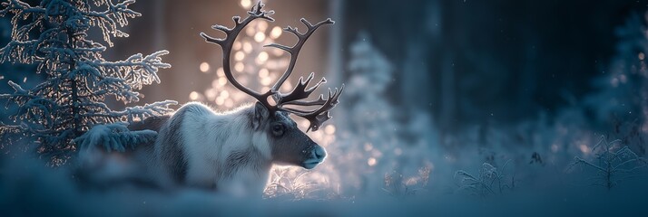 Naklejka premium Reindeer standing in snowy forest with magical Christmas lights. Reindeer standing in deep snow, illuminated by magical Christmas lights in a winter forest