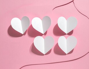 Delicate arrangement of white paper hearts on a pastel pink background, aesthetic feel
