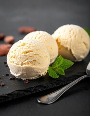 Three scoops of ice cream on a black table