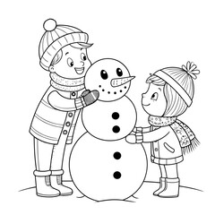 Two children building a snowman together wearing winter clothes having fun in the snow winter scene drawing