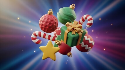 Festive Christmas Ornaments with Candy Canes and Gift Box in Colorful Light Burst