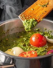 A wooden spoon is in a pot of food