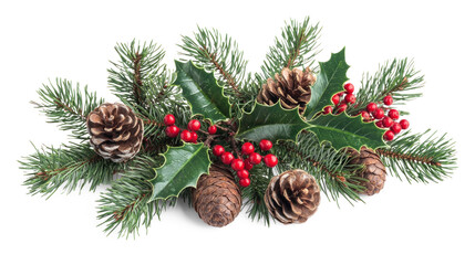 Christmas wreath with pine cones, holly berries, and evergreen branches on a png transparent