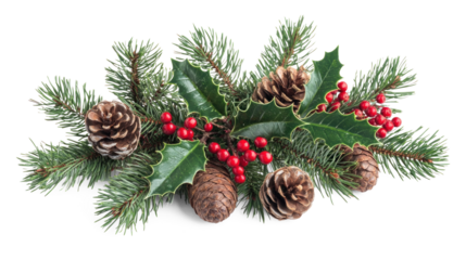 Christmas wreath with pine cones, holly berries, and evergreen branches on a png transparent