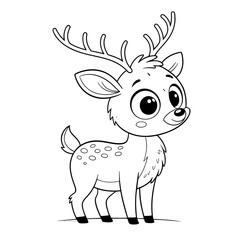 Illustration of a cartoon deer with large eyes and antlers standing on a white background line art