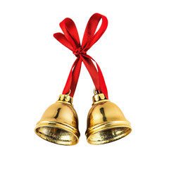 Two gold Christmas bells with red ribbons on a png transparent