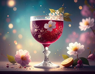 A glass of red wine with a flower garnish on top
