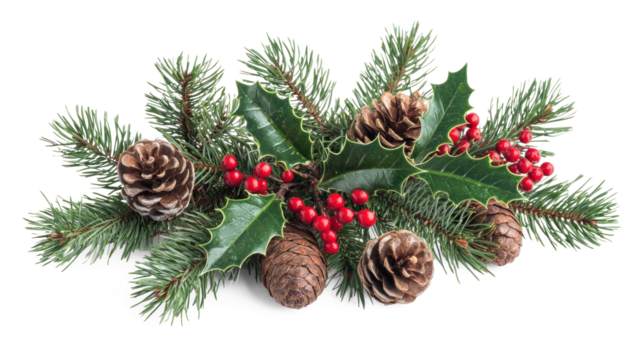 Christmas wreath with pine cones, holly berries, and evergreen branches on a png transparent
