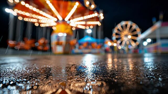 night carnival ferris wheel reflection in puddle, neon lights shimmer on wet asphalt, blurred motion creates colorful bokeh, low-angle boardwalk perspective