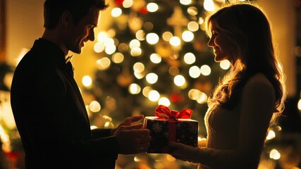 couple exchanging gift by christmas tree, warm golden lights and silhouette against decorated fireplace, wrapped present passed between partners, soft bokeh, - Powered by Adobe