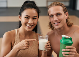 A woman and a man are holding drinks and pointing at them