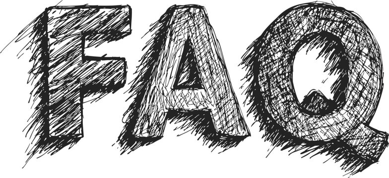 FAQ large bold letters sketch hand drawn style black and white. Vector illustration