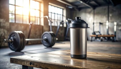Protein shaker on wooden table in gym with workout background.