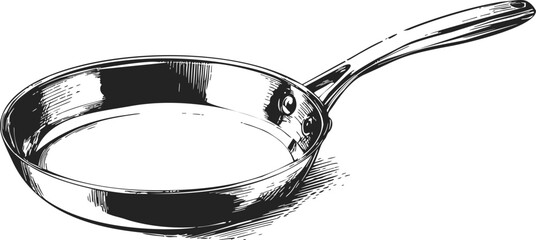 Frying pan sketch hand drawn kitchen utensil with long handle. Vector illustration