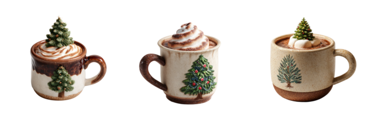 Festive hot chocolate cups with christmas trees transparent background cozy winter scene