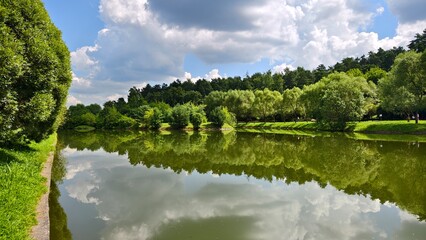 Fototapeta premium Willows grow on the grassy banks of the river, which are reflected in the water. There are walking paths nearby. There is a mixed forest on the far shore. Sunny summer weather and blue sky with clouds