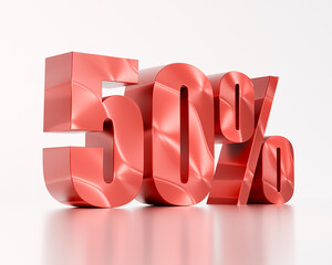 50% Discount Sale Offer 3D Rendered Red Metallic Percentage Symbol Isolated on White Background for Retail Promotion, E-commerce, and Marketing Campaigns Visual Element