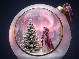 A girl is standing in front of a Christmas tree