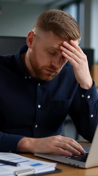 Stressed bearded man rubbing temples in severe headache and frustration at office desk with laptop, illustrating corporate burnout concepts.