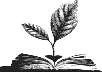 Book with plant sprout, sketch hand drawn style, symbolizing knowledge growth. Vector illustration