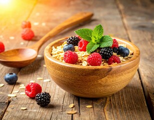 A bowl of oatmeal with blueberries and raspberries