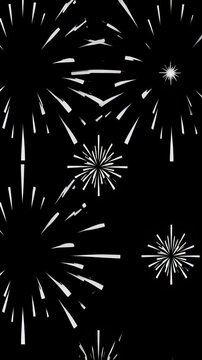 Minimalist white firework bursts exploding in a radial cartoon animation on a black background, ideal for celebration overlays and holiday transitions.
