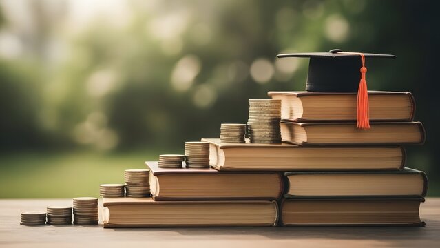 Education investment books coins and graduation cap symbolizing the cost of knowledge