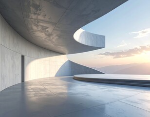 Minimal modern exterior with curved wall and concrete floor, clean architectural backdrop, spacious 3D rendering for design presentations and contemporary visuals