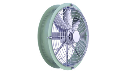 Industrial Cooling Fan - Fan with cover and electric motor. Front view. 3D rendering isolated on white background. Ideal for professionals, educational, engineering, and industrial design