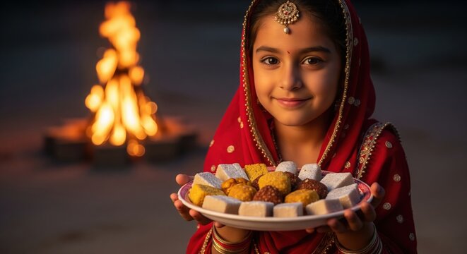 Rewari and Gajak Plate for Lohri. Semi-Realistic Punjabi Child Portrait.