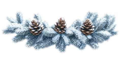 A snow-covered pine branch with three pine cones on a png transparent