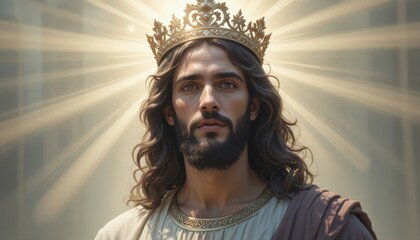 Representation of Jesus Christ crowned in light and majesty Generative AI