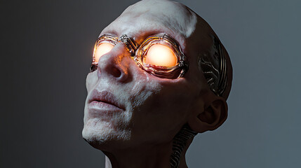 Detailed facial features of a mutated human with metallic implants and neon-tinted eyes 
