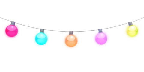 A string of colorful Christmas lights hanging on a png transparent