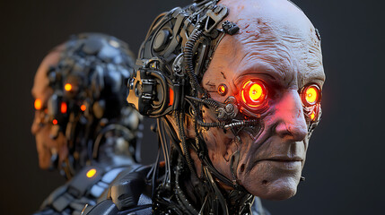 Detailed facial features of a mutated human with metallic implants and neon-tinted eyes 