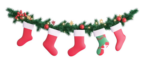 Christmas stockings hanging from a green garland with red berries and gold stars.