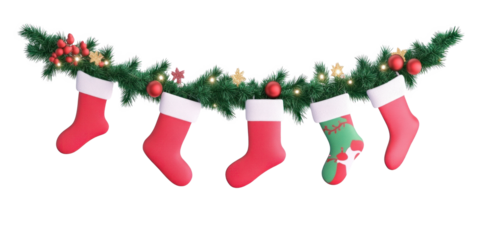 Christmas stockings hanging from a green garland with red berries and gold stars.