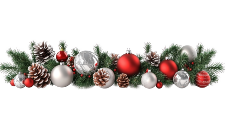 Christmas tree branches adorned with red and silver ornaments and pine cones png transparent