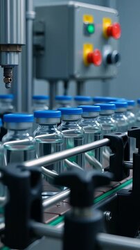 Automated pharmaceutical production line filling glass vials with clear liquid vaccine on a manufacturing conveyor belt, showcasing sterile industry technology in a cinematic 3D animation.
