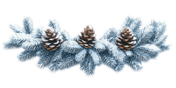 A snow-covered pine branch with three pine cones on a png transparent