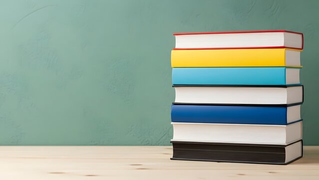 Stack of colorful books on wooden surface against green background