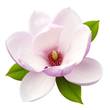 Close-up of a magnolia blossom, showcasing pastel pink petals and a reddish-yellow central stamen cluster, set against lush green leaves, all on white