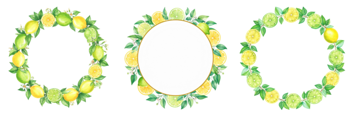 Watercolor Illustration of Lemon and Lime Wreaths with Green Leaves on Transparent Background