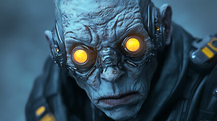 Detailed facial features of a mutated human with metallic implants and neon-tinted eyes 