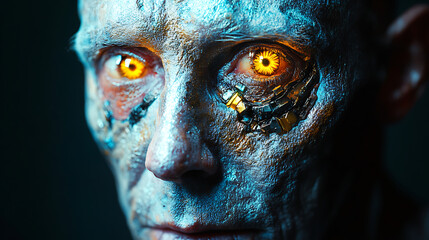 Detailed facial features of a mutated human with metallic implants and neon-tinted eyes 