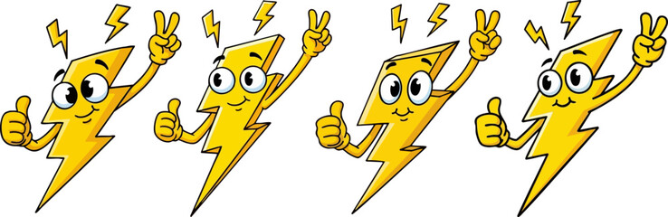 Cartoon lightning bolts showing peace sign and thumbs up on a black background