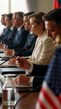 Side view of serious diplomats and government officials sitting in a row at an international summit table with flags and microphones, illustrating global politics and negotiation concepts