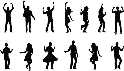 Obraz premium Set of Energetic People Silhouettes Dancing with Excitement and Joy: Party, Celebration, Nightclub, Disco, Freedom, and Dynamic Movement Vector Graphics.