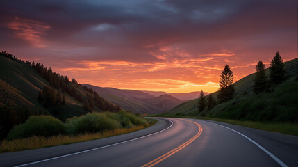 Winding asphalt highway stretching through lush green mountains under dramatic sunset sky with vibrant clouds, capturing serene road journey beauty, mountainous terrain, scenic rou