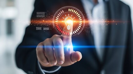 Futuristic technology interface businessman interacting with holographic display exploring digital solutions and advanced data visualization for business growth and innovation